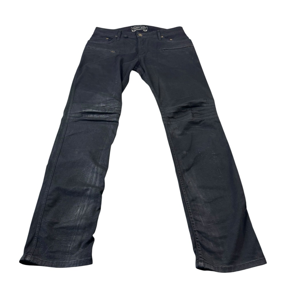 Robins Jeans Black Waxed Motard Zippers Men's Jeans Size 33x34